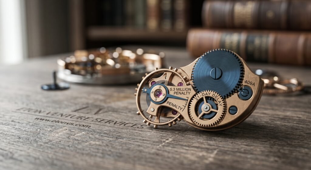 Close-up of interlocking watch gears engraved with '5.3 Million Penalty,' '21-Day Delay,' and '409A,' illustrating the costly deferred compensation trap for discounted stock options.