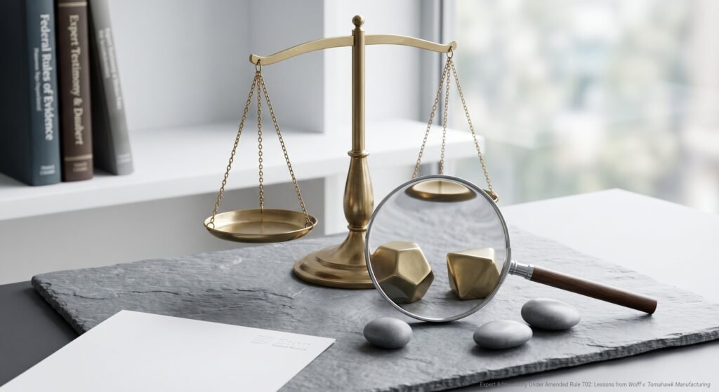 A highly detailed close-up shot of a legal examination desk, featuring a balanced brass justice scale, books labeled "Federal Rules of Evidence" and "Expert Testimony & Daubert", a detailed sheet of paper with an ETON logo, a magnifying glass validating two intricate gold geometric weights (validated testimony), and three plain gray river stones (unvalidated evidence) on a slate surface. Integrated text is readable: "Expert Admissibility Under Amended Rule 702: Lessons from Wolff v. Tomahawk Manufacturing" at etonvs.com. The scene represents the rigorous scrutiny of Rule 702 compliance.