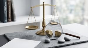 A highly detailed close-up shot of a legal examination desk, featuring a balanced brass justice scale, books labeled "Federal Rules of Evidence" and "Expert Testimony & Daubert", a detailed sheet of paper with an ETON logo, a magnifying glass validating two intricate gold geometric weights (validated testimony), and three plain gray river stones (unvalidated evidence) on a slate surface. Integrated text is readable: "Expert Admissibility Under Amended Rule 702: Lessons from Wolff v. Tomahawk Manufacturing" at etonvs.com. The scene represents the rigorous scrutiny of Rule 702 compliance.