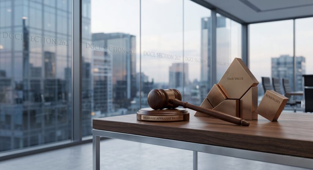 Close-up of a legal gavel and wooden block inscribed "DELAWARE APPRAISAL RIGHTS," a visual metaphor for DGCL Section 262. Segmented copper blocks represent the valuation dichotomy, with "FAIR VALUE" and "SYNERGIES" separated to illustrate how Delaware courts exclude deal-based value. Rows of etched text "DGCL SECTION 262" are visible on the background office windows.