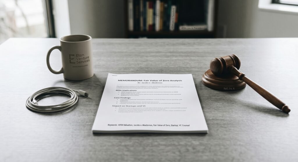 Conceptual desk photograph for Eton Venture Services, featuring a detailed memorandum titled 'Fair Value of Zero Analysis Re: Jacobs v. Akademos' with key terms for 409A practitioners, next to a wooden gavel with a subtle legal case reference.