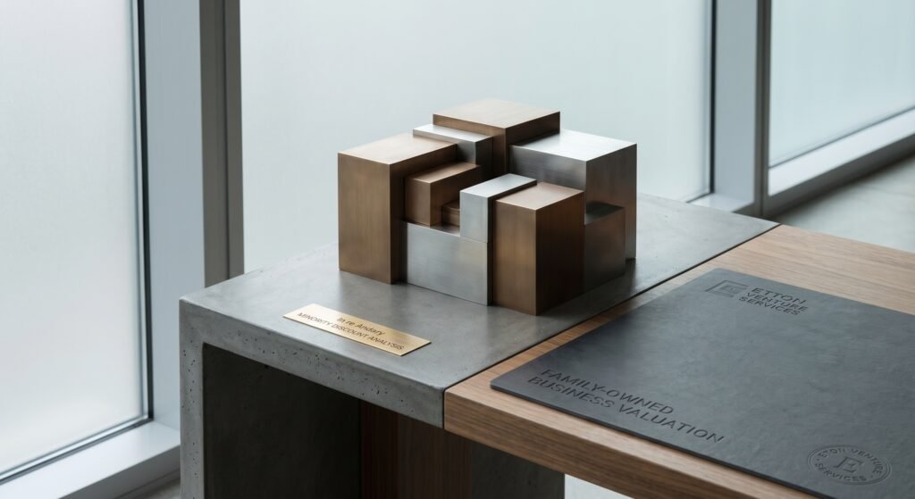 Interlocking bronze and silver metal blocks representing company ownership stakes, sitting next to a brass plaque reading "In re Andary MINORITY DISCOUNT ANALYSIS" and a dark leather folio debossed with "FAMILY-OWNED BUSINESS VALUATION" and the Eton Venture Services logo.
