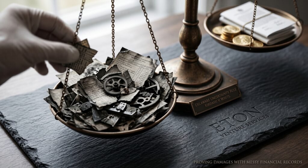 A brass justice scale weighing torn, messy financial ledgers and gears against neat stacks of money, with a plaque reading "Delaware Uncertainty Rule Kirdassi v. White." A visual metaphor for forensic accounting and calculating breach of fiduciary duty damages when corporate books are unreliable.