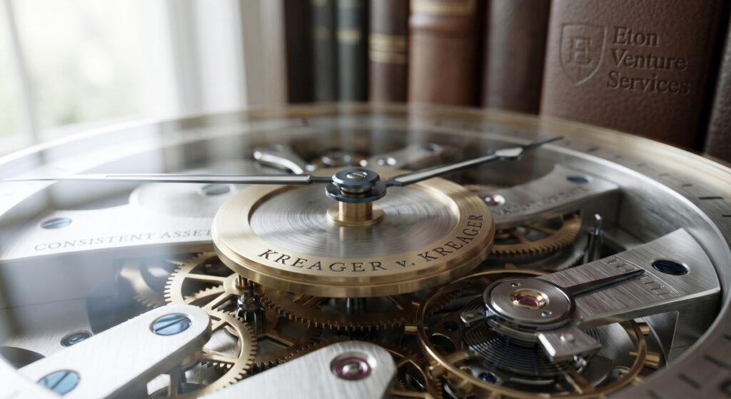 A macro photograph of an intricate luxury mechanical watch movement, with internal components featuring specific engraved and integrated text. A central plate is engraved with "KREAGER v. KREAGER". The internal gears and bridges display complete phrases: "CONSISTENT ASSET VALUATION", "ONE MOMENT, ALL ASSETS: A SINGLE SNAPSHOT FOR THE MARITAL ESTATE", "YOU CAN'T CHERRY-PICK THE DATE", and "DECOMPOSE APPRECIATION: ACTIVE vs PASSIVE". Background leather book spines clearly read "Eton Venture Services" and "DIVORCE ESTATE VALUATION" and "DIVORCE VALUATION & TESTIMONY MANUAL". Direct etching on the table surface lower right reads: "KREAGER v. KREAGER PRINCIPLE" with a "B2B VALUATION CASE STUDY" note below it. The image conceptually illustrates how a single valuation date and correct classification provide the foundation for equitable asset distribution.