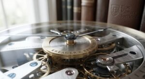 A macro photograph of an intricate luxury mechanical watch movement, with internal components featuring specific engraved and integrated text. A central plate is engraved with "KREAGER v. KREAGER". The internal gears and bridges display complete phrases: "CONSISTENT ASSET VALUATION", "ONE MOMENT, ALL ASSETS: A SINGLE SNAPSHOT FOR THE MARITAL ESTATE", "YOU CAN'T CHERRY-PICK THE DATE", and "DECOMPOSE APPRECIATION: ACTIVE vs PASSIVE". Background leather book spines clearly read "Eton Venture Services" and "DIVORCE ESTATE VALUATION" and "DIVORCE VALUATION & TESTIMONY MANUAL". Direct etching on the table surface lower right reads: "KREAGER v. KREAGER PRINCIPLE" with a "B2B VALUATION CASE STUDY" note below it. The image conceptually illustrates how a single valuation date and correct classification provide the foundation for equitable asset distribution.